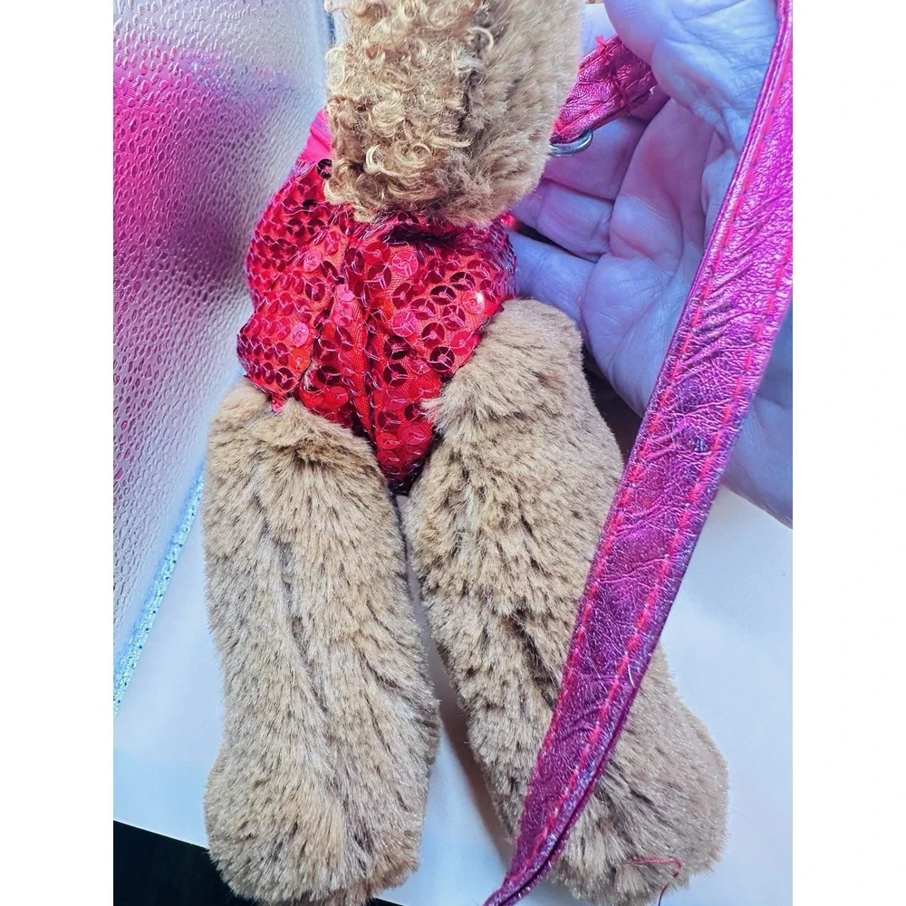 Poochie‎ & Co Plush Dog Handbag Brown plush Red Sequin Shoulder Bag Bone Zipper